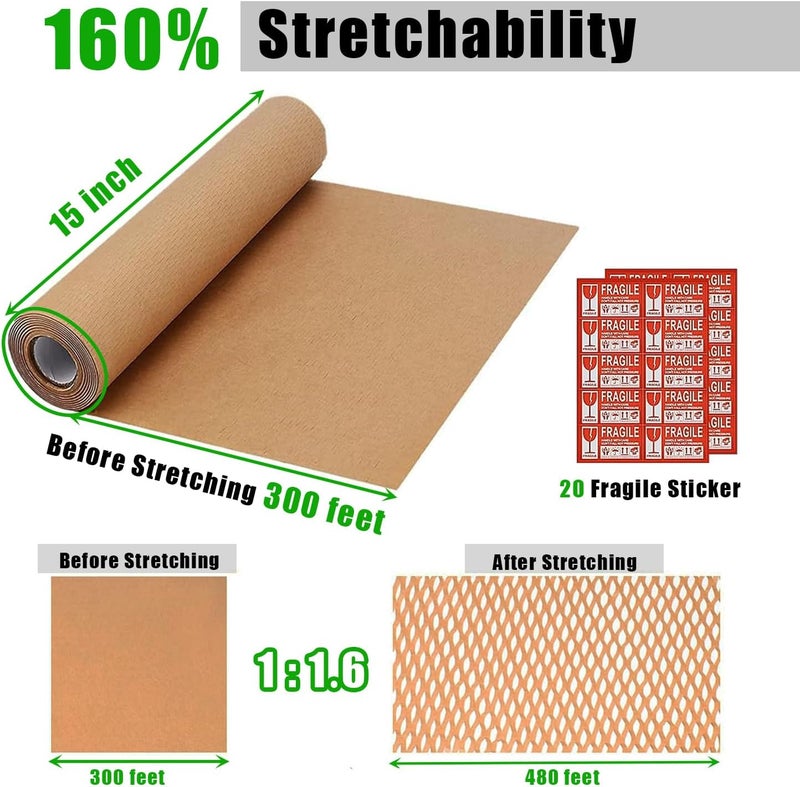 MIVERYEA Honeycomb Packing Paper, 15"x300' Eco Friendly Packing Materials for Shipping Breakable Recyclable Moving Supplies Paper Bubble Wrap Sheets Roll with 20 Fragile Sticker Labels - Image 2